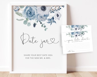 Dusty blue Date Jar Game. Floral elegant Date Ideas Cards. Date Night Bridal Shower Games. Bachelorette Party Game Hen Party Night #dus