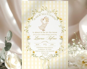 Editable Gender Neutral Silly Goose Baby Shower Invitation: Yellow Gingham Coquette Bow (Corjl Editable template) #sg7