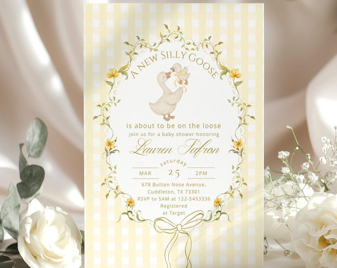 Editable Gender Neutral Silly Goose Baby Shower Invitation: Yellow Gingham Coquette Bow (Corjl Editable template) #sg7