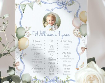 One Silly Goose Blue Bow 1st Photo Milestone, Boy 1st Birthday One Silly Goose Milestone, Goose Bow frame Birth Infographic Corjl  #sg1