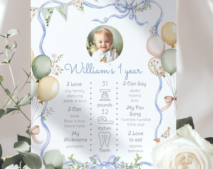 One Silly Goose Blue Bow 1st Photo Milestone, Boy 1st Birthday One Silly Goose Milestone, Goose Bow frame Birth Infographic Corjl  #sg1