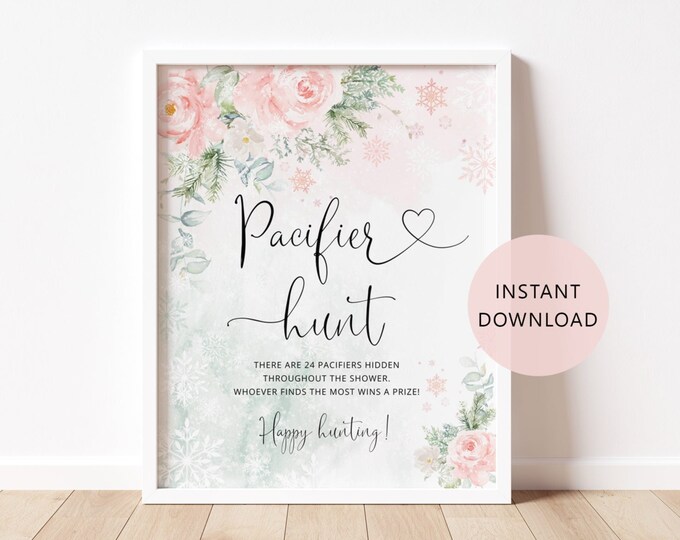 Winter Pacifier Hunt Sign. Blush pink floral Find The Pacifier Game Printable. Instant Download #wb5
