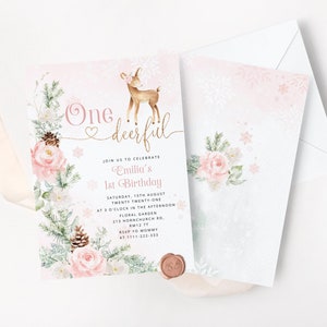 Faire-part de premier anniversaire Onedeerful. Faire-part d&#39;anniversaire rose poudré. Faire-part d&#39;anniversaire pour les fêtes #wb6