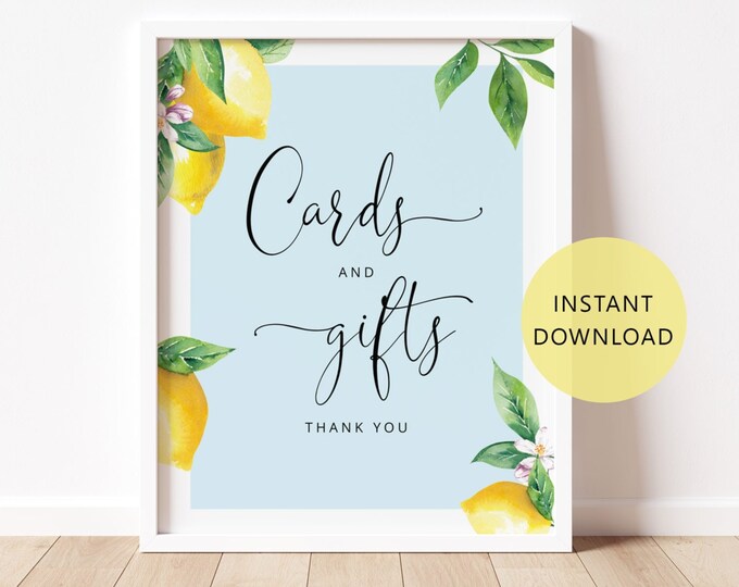 Blue Lemon Cards and Gifts Sign in 2 Sizes. Little lemon baby shower Cards & Gifts Sign. Citrus theme cards and gifts Instant Download #lem4