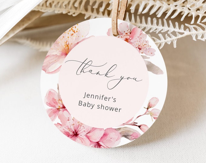 Cherry blossom baby shower favor tag. Blush pink round favor tag template. Floral Circle Favor Tags Template Corjl printable #s1