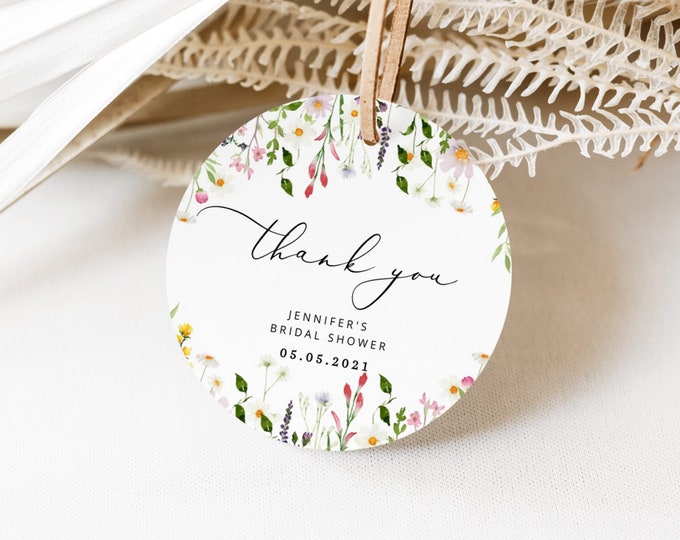 Wildflowers bridal shower favor tag. Wildflowers round favor tag template. Floral Circle Favor Tags Template Corjl printable #wl3