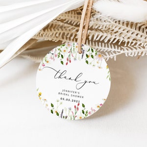 Wildflowers bridal shower favor tag. Wildflowers round favor tag template. Floral Circle Favor Tags Template Corjl printable #wl3