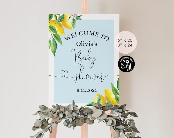 Blue Lemon baby shower welcome sign.  Boy Lemon theme Baby shower welcome sign. Corjl Printable. Instant Download #lem4