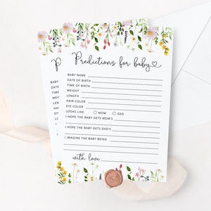 Wildflowers Baby shower voorspellingen kaart. Minimalistische bloemenbabyvoorspellingenkaart. Geslachtsneutrale babyshowerspellen. Direct downloaden #wl1