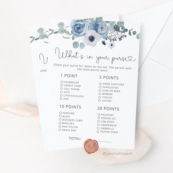 Dusty blue What's In Your Purse. Floral dusty blue Bridal Shower Games Printables. Bridal Shower Game Idea. Instant Download #dus