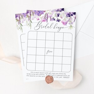 Bingo de despedida de soltera lila. Bingo nupcial de lavanda imprimible. Flores silvestres púrpura despedida de soltera imprimible Descarga instantánea #09