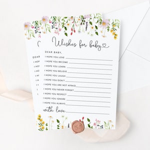 Tarjeta de deseos de flores silvestres para bebé. Deseos minimalistas para el juego de bebés. Juegos de Baby Shower de género neutro en acuarela. Descarga instantánea #wl1