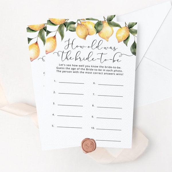 Lemon How Old was the Bride, Guess the Brides Age bridal shower game. Citrus Bridal Shower Games Instant Download #lm1