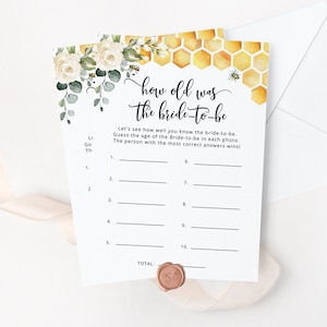 Bee How Old was the Bride, Guess the Brides Age bridal shower game. Floral bee  Bridal Shower Games Instant Download #bee3