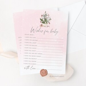 Tarjeta rosa de deseos de invierno para bebé. Deseos navideños para el bebé. Juegos de Baby Shower de Navidad para imprimir. Descarga instantánea #ad7
