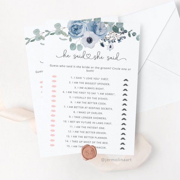 Dusty blue He said she said Bridal Shower Game.  Dusty blue Bride or Groom Hen Party Games Instant Download #dus