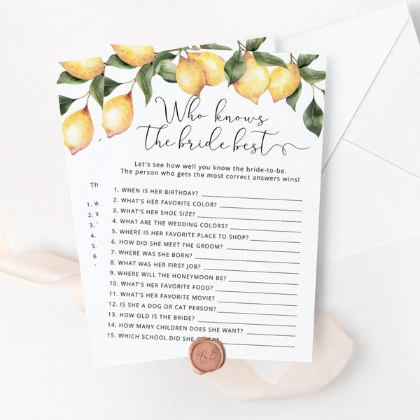 Lemon Who Knows the Bride Best game. Citrus Bridal Shower Games, How Well Do You Know the Bride game. Instant Download #lm1