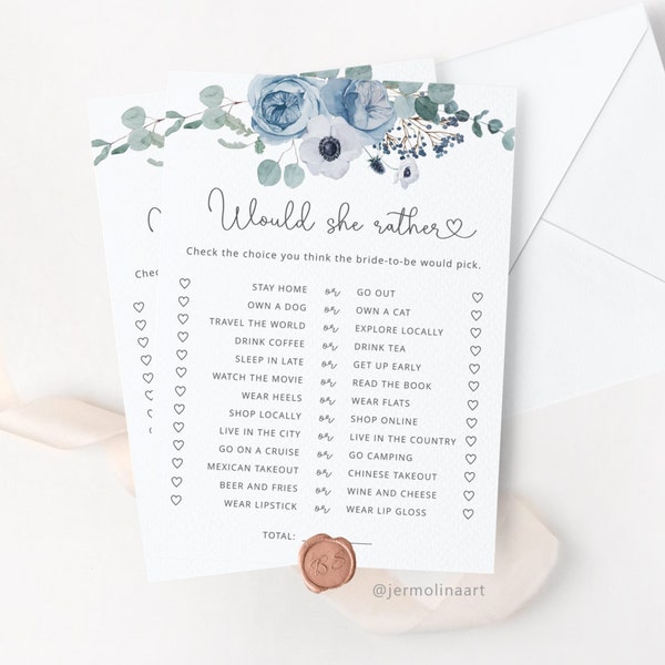 Dusty blue Would She Rather Bridal Shower Game, WinterPrintable Wedding Shower Games. Dusty blue Hen Party Games Instant Download #dus