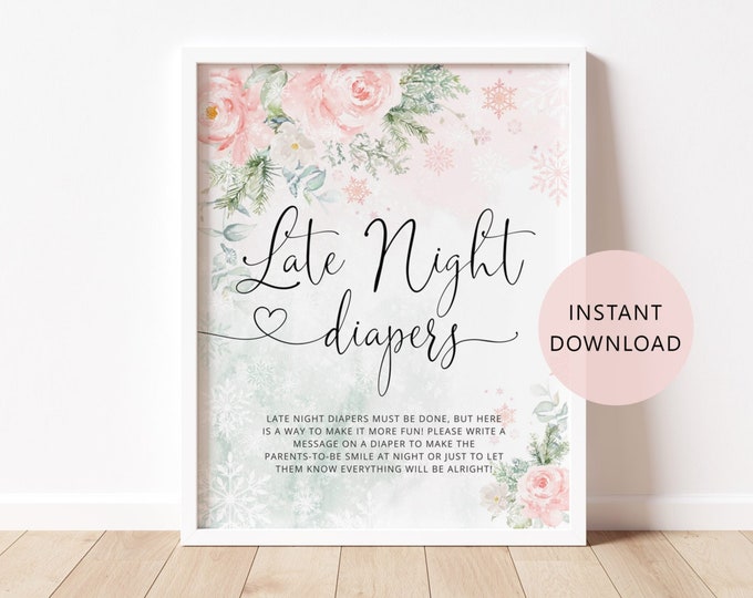 Late Night Diapers Sign. Winter Baby Shower Diapers Thoughts Game. Floral blush pink Late night Diaper Game Instant Download #wb5