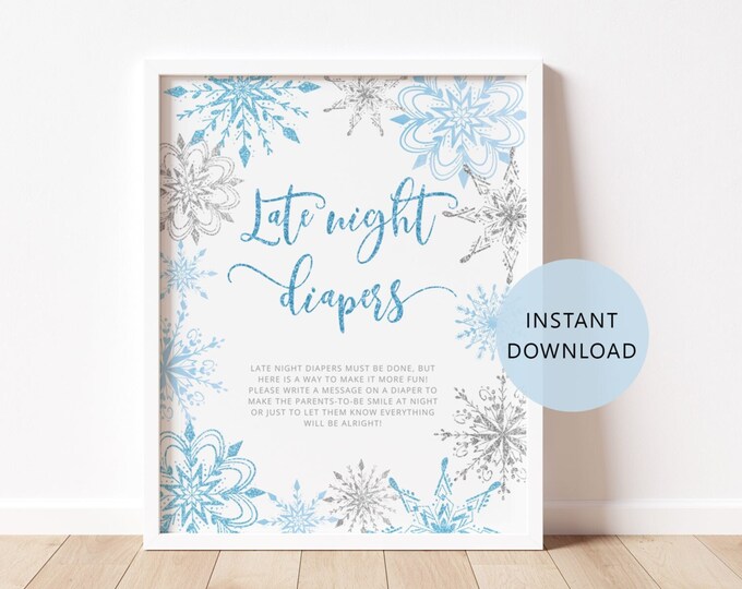 Late Night Diapers Sign. Blue silver snowflakes Diapers Thoughts Game. Snowflakes late night diapers game. Instant Download #sn2