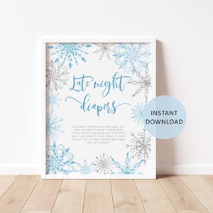 Late Night Diapers Sign. Blue silver snowflakes Diapers Thoughts Game. Snowflakes late night diapers game. Instant Download #sn2