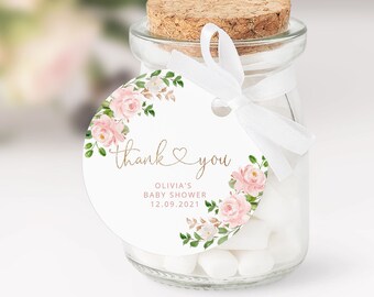 Blush pink baby shower favor tag. Blush gold round favor tag template. Blush pink Circle Favor Tags Template Corjl printable #fl1