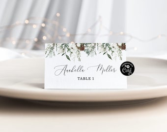 Evergreen Place Cards Template. Elegant winter Printable Place Card. Winter Wedding Name Cards  Editable Corjl template #ev1