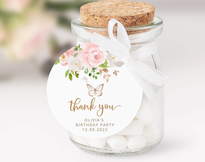 Butterfly pink baby shower favor tag. Floral Blush gold butterfly round favor tag template. Corjl printable #05