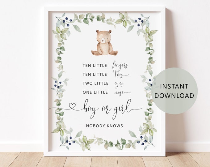 Ten Little Fingers 10 Little Toes Sign. Greenery bear Boy or Girl Gender Reveal Sign. We can bearly wait gender reveal Instant Download #w1