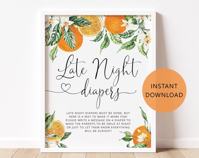 Cutie Late Night Diapers Sign. Little cutie Baby Shower Diapers Thoughts Game. Citrus oranges Printable Diaper Game #or1