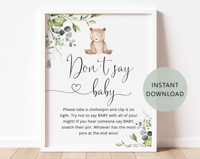 Eucalyptus Don't say baby game sign. Greenery Bear baby shower decor. We can bearly wait baby shower. Instant Download #w5