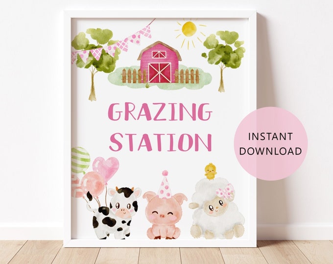 Farm grazing station sign.  Pink Farm Animals Grazing Station food party sign. Pink Barnyard Farm Table Decor #f1