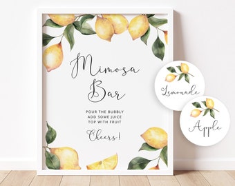 Lemon Mimosa Bar Sign, Citrus Mimosa Bar Printable, Bubbly Bar Sign. Citrus mimosa bar juice tags #lm1