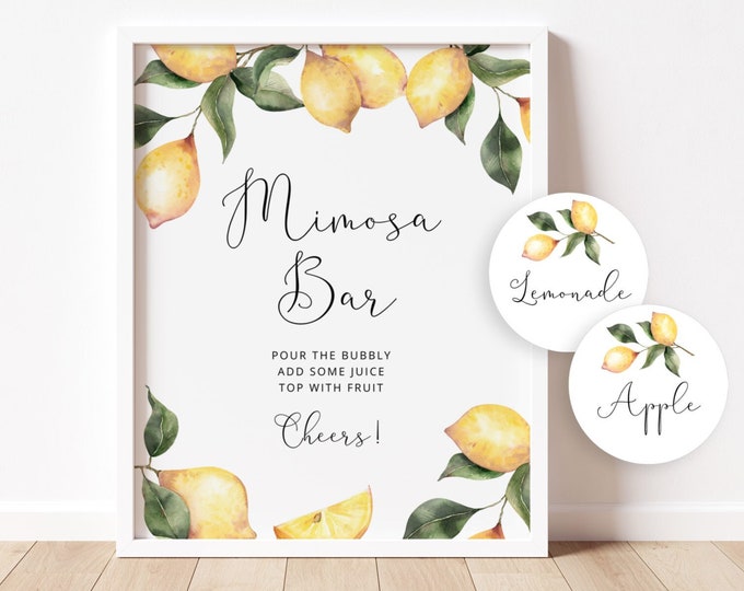 Lemon Mimosa Bar Sign, Citrus Mimosa Bar Printable, Bubbly Bar Sign. Citrus mimosa bar juice tags #lm1