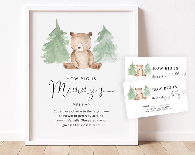 Bear How Big is Mommy's Belly Game. Pine tree woodland Belly Guessing Game. Instant Download #w2
