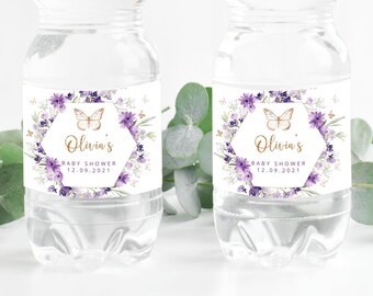 Butterfly Water Bottle Labels. Lavender floral Water Bottle Labels. Butterfly baby shower decoration.  Corjl template #06