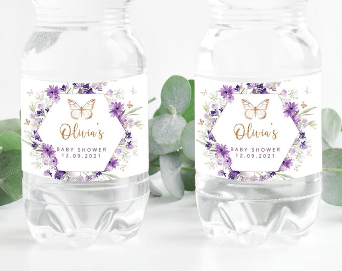 Butterfly Water Bottle Labels. Lavender floral Water Bottle Labels. Butterfly baby shower decoration.  Corjl template #06