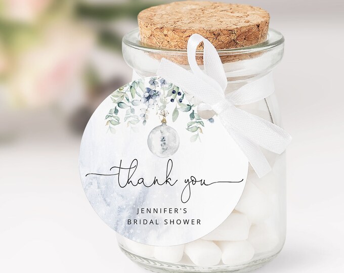 Winter Bridal shower Thank You Tag Template. Eucalyptus Circle Favor Tags Template. Editable winter circle favor tag.  Instant Download #wb3