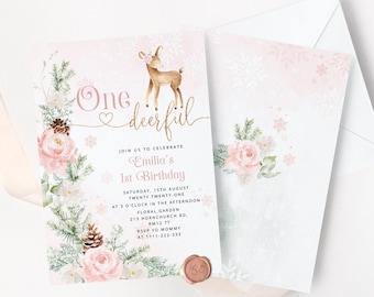 Winter First Birthday Invitation: Blush Pink Deer, Holiday Theme (Corjl Editable Template) #wb6
