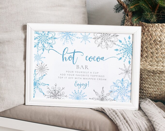 Hot cocoa bar Sign. Warm up Hot Chocolate Sign. Blue Winter baby shower decoration. Snowflake baby shower sign. Instant Download #sn2