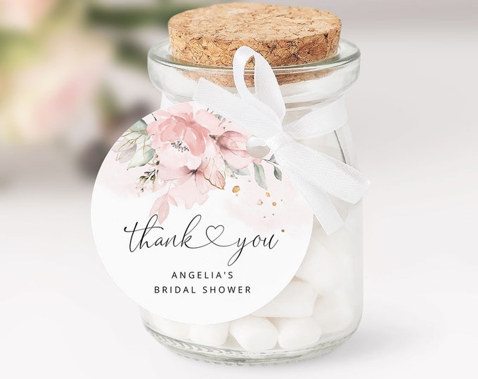 Blush floral sticker template. Floral bridal shower round favor tag template. Blush pink thank you tag Template Corjl printable #03