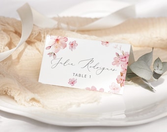 Floral Place Cards Template. Blush pink Printable Place Card. Wedding cherry blossom Name Cards  Editable Corjl template #s1