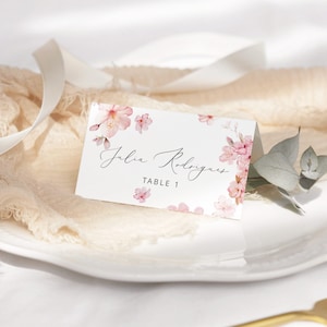 Modèle de cartes de place florales. Carte de lieu imprimable rose fard à joues. Cartes de visite de fleurs de cerisier de mariage Modèle Corjl modifiable #s1