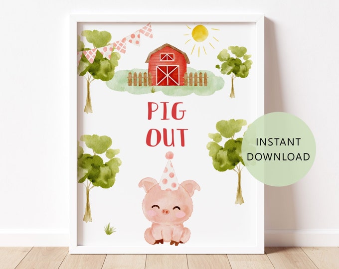 Farm pig out sign. Red farm animals birthday decoration sign #f1