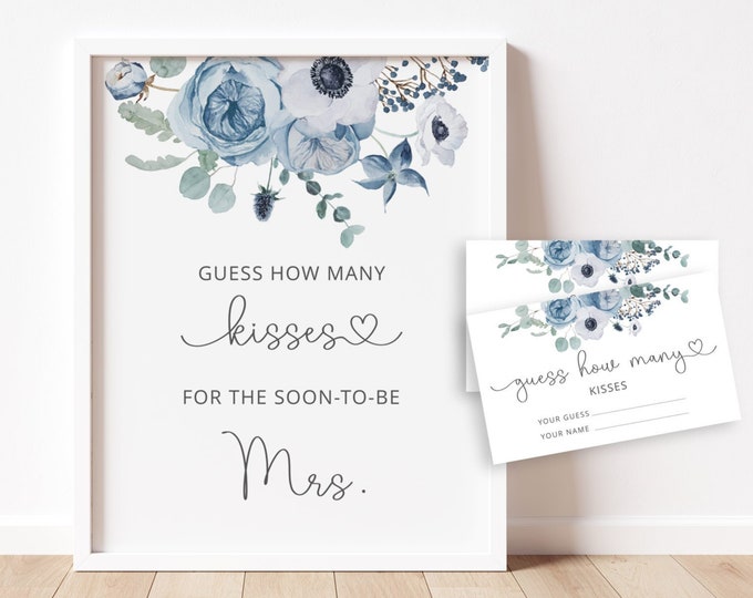 Dusty blue Guess How Many Kisses bridal game. Dusty blue floral Bridal Shower Guessing Games Instant download #dus