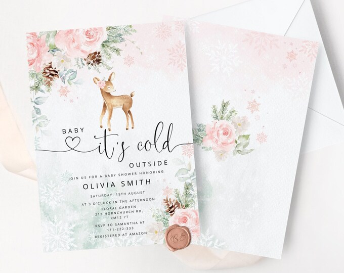 Baby it's cold outside Baby Shower Invite. Editane baby deer Baby Shower Invitation. Blush pink Winter Baby Shower invite  #wb7