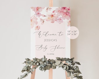 Cherry blossom baby shower welcome sign.  Editable girl baby shower welcome sign template. Blush pink baby shower welcome sign. Corjl #s1