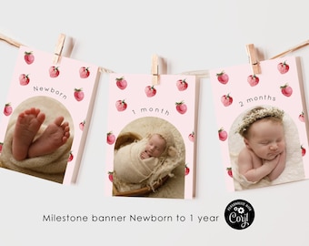 Strawberry milestone monthly photo banner. Berry First year photo banner. Editable strawberry 1st birthday monthly banner Corjl  #ber1