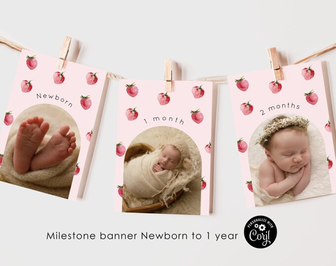 Strawberry milestone monthly photo banner. Berry First year photo banner. Editable strawberry 1st birthday monthly banner Corjl  #ber1