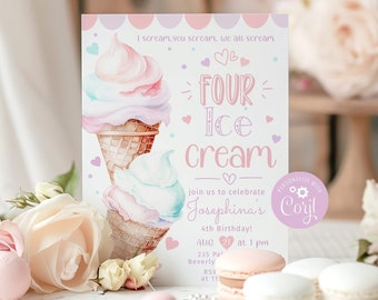 Ice Cream 4th Birthday Invitation: Pastel Editable Corjl Template #ice1